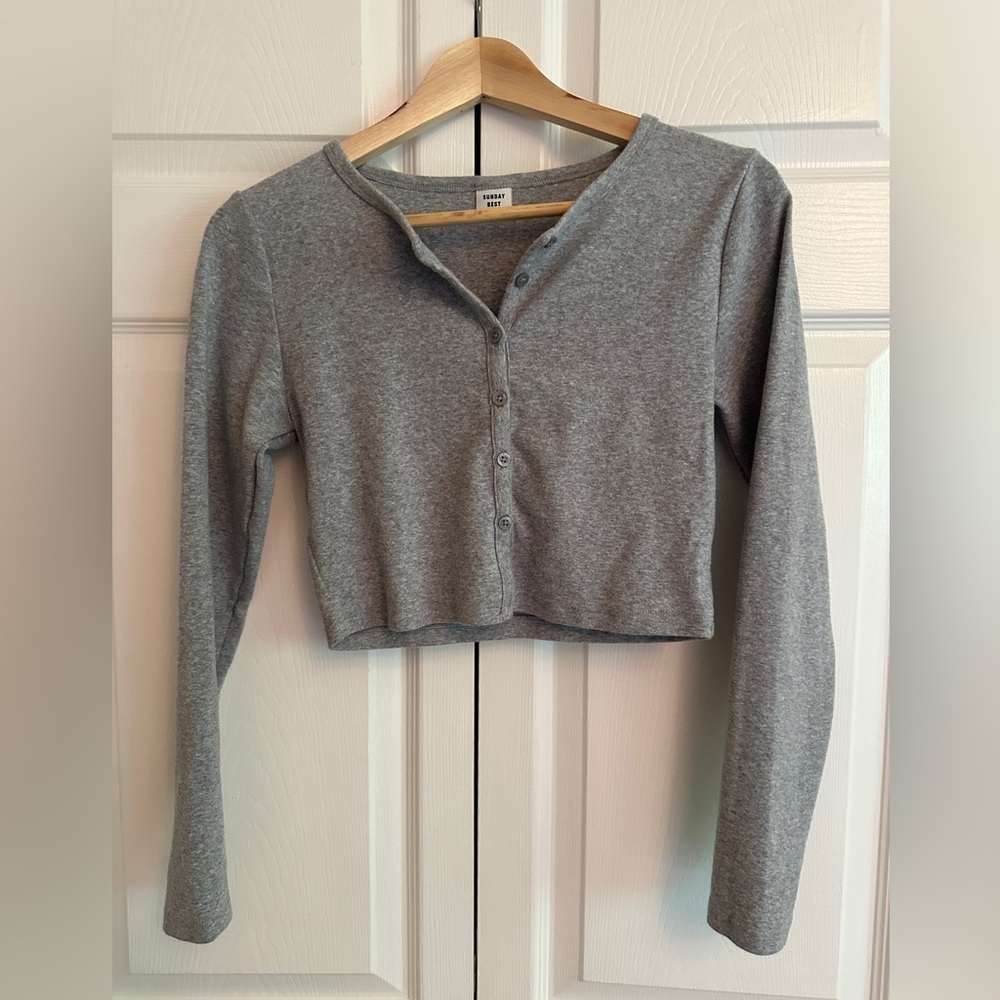 Sunday Best Aritzia Cropped Long Sleeve Button Up Cardigan in Grey